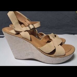 Kork-Ease Tan Wedge Sandals with Cross-Strap and Buckle